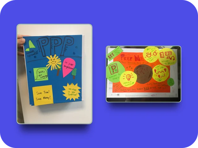 Hand-drawn workshop concept boards with colorful sticky notes